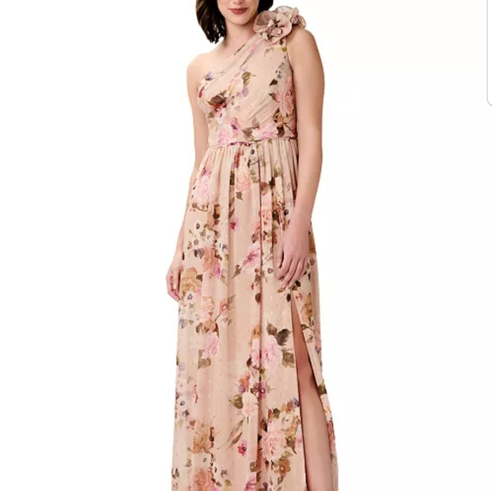 Adrianna Papell Rose Gold Floral Metallic Sparkle One Shoulder Dress 16